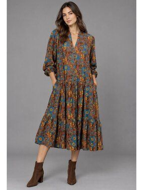 CARTOLINA Womens S Brown Floral Print Nora Silk Blend Satin Midi Dress NEW